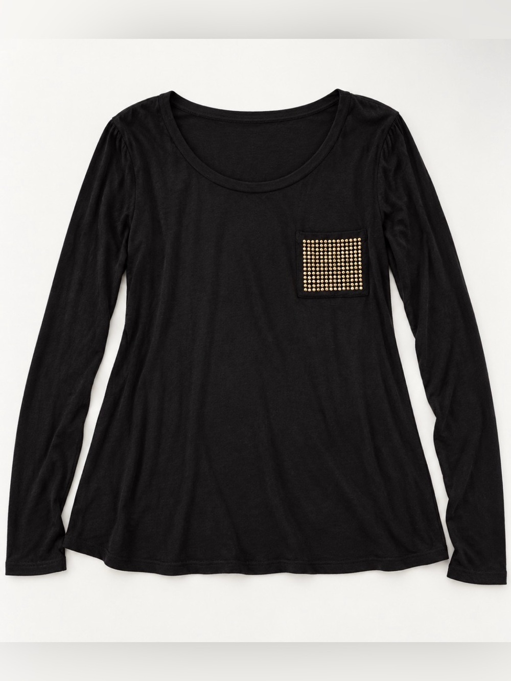 Black Long-Sleeve Scoop Neck Top with Gold Stud Pocket